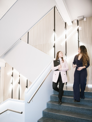Two women arguing on their way down a flight of stairs.